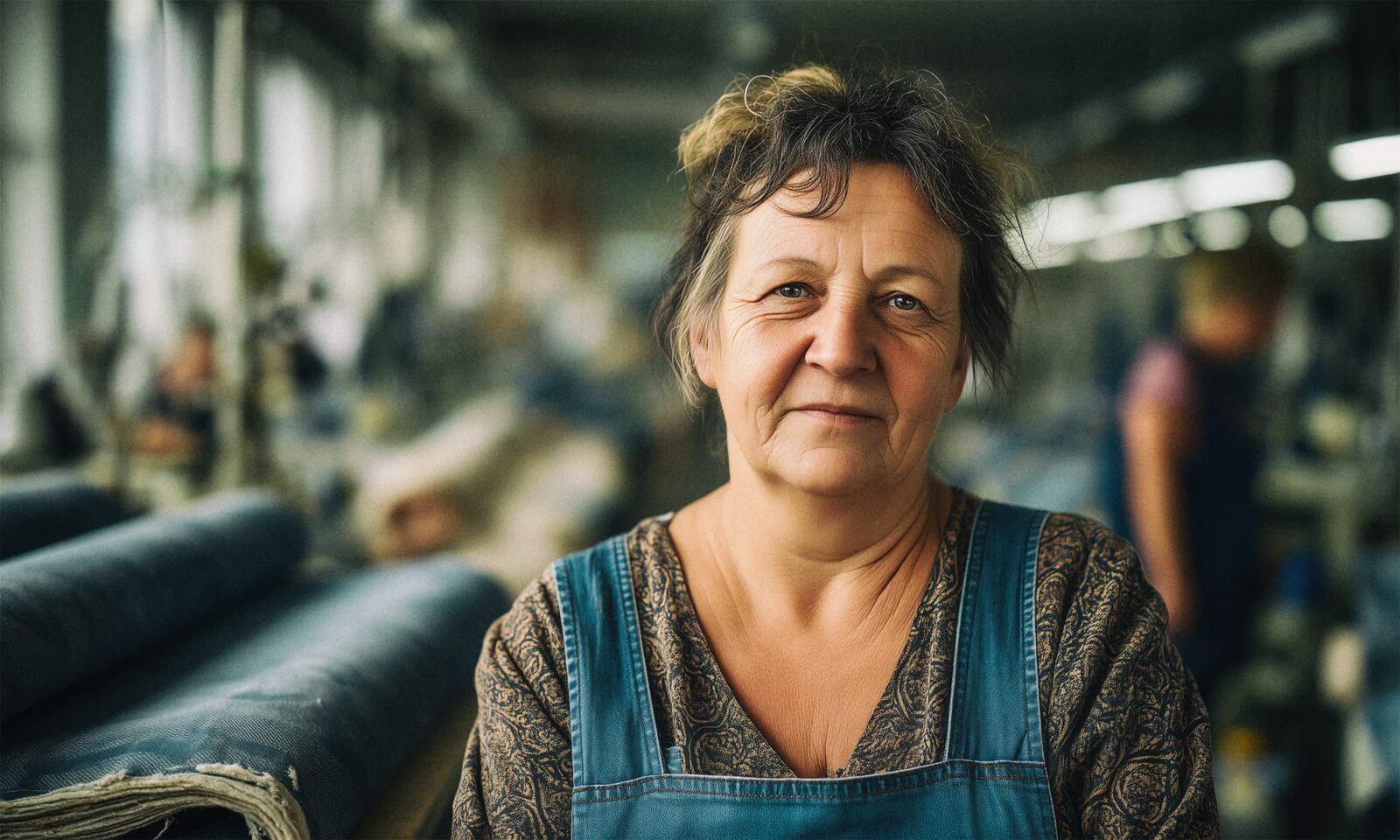 Starija žena u radnoj odjeći stoji u tekstilnoj tvornici među rolama tkanine, simbolizirajući dugogodišnji rad i iskustvo u industriji.