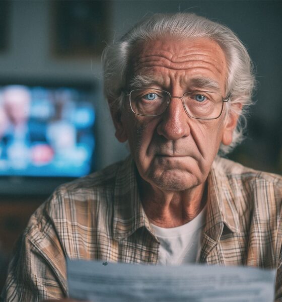 Stariji muškarac sijede kose i naočala sjedi u dnevnoj sobi s papirima u rukama, zabrinutog izraza lica, dok u pozadini svijetli ekran televizora.