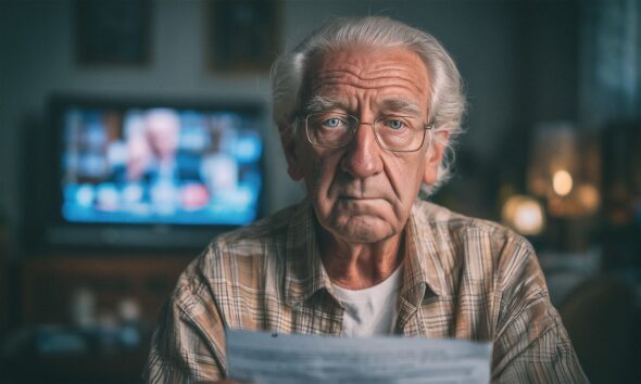 Stariji muškarac sijede kose i naočala sjedi u dnevnoj sobi s papirima u rukama, zabrinutog izraza lica, dok u pozadini svijetli ekran televizora.