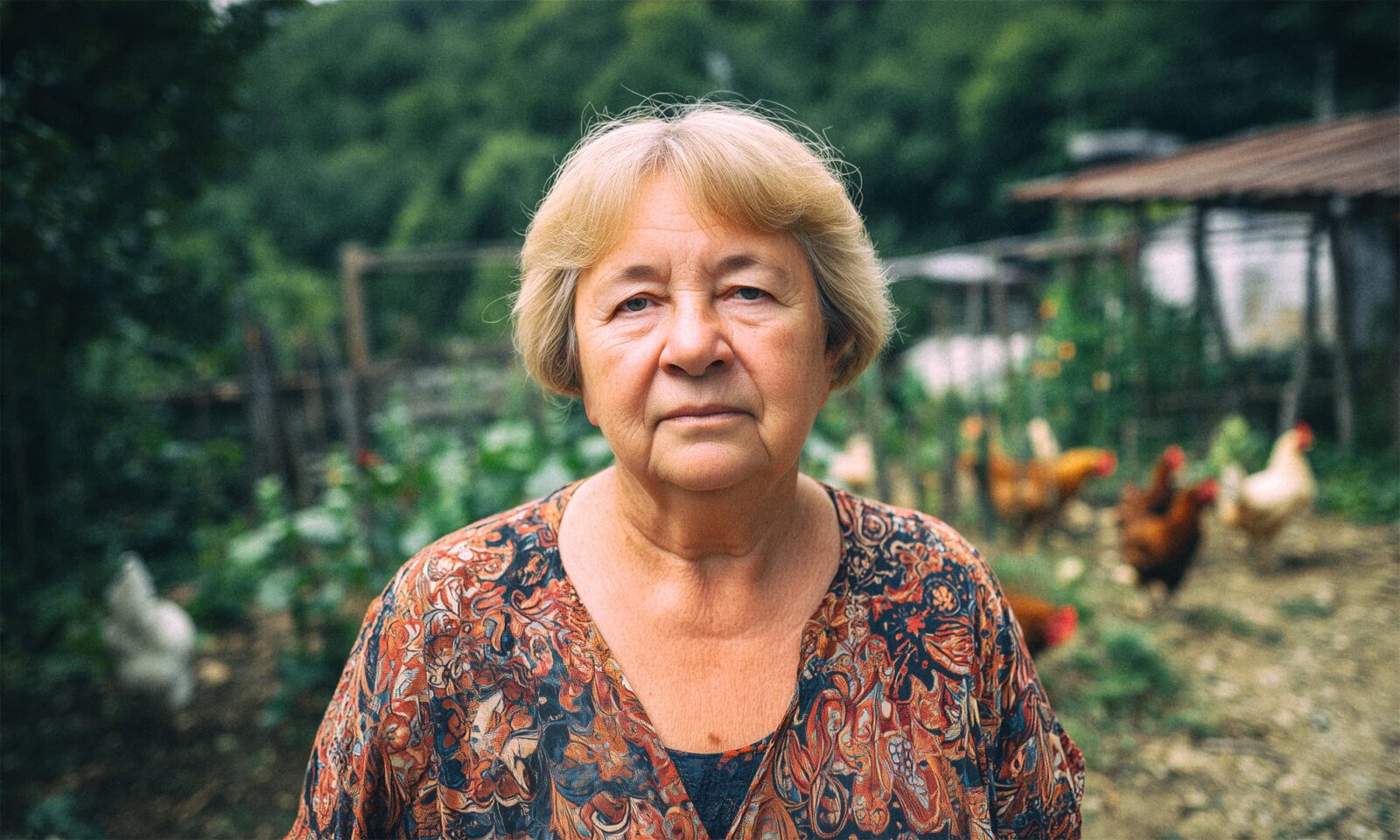 Starija žena stoji u svom dvorištu s kokošima u pozadini, odjevena u bluzu s uzorkom, ozbiljnog izraza lica, s gustim zelenilom i gospodarskim objektima iza nje.