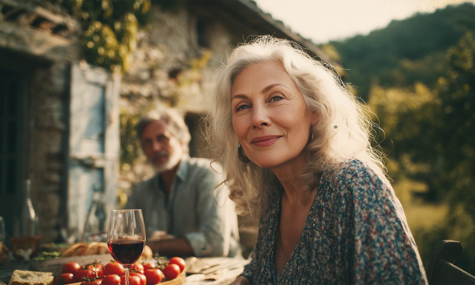 Žena sjedi za stolom na otvorenom s čašom crnog vina i rajčicama, u pozadini starinska kamena kuća i priroda.