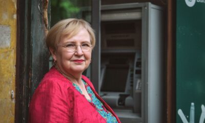 Zrela žena kratke svijetlosmeđe kose stoji naslonjena na kameni zid, gledajući ravno u kameru s blagim osmijehom. U pozadini se nazire bankomat na kojem podiže mirovinu.