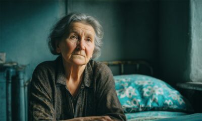 Starija žena sjedi u slabo osvijetljenoj sobi s metalnim krevetom u pozadini, zamišljenog i ozbiljnog izraza lica, simbolizirajući tišinu i usamljenost starosti u skromnim životnim uvjetima.