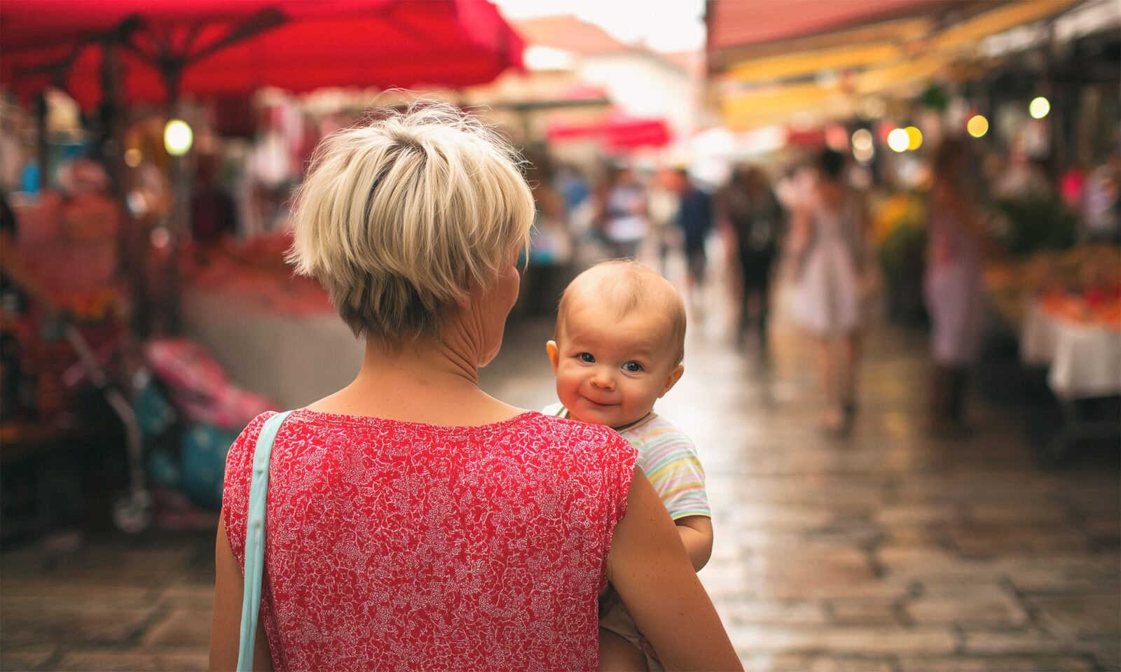 Žena s kratkom plavom kosom drži bebu u naručju dok šeću tržnicom na otvorenom. Beba se smiješi prema kameri, a oko njih su štandovi s crvenim i žutim suncobranima.