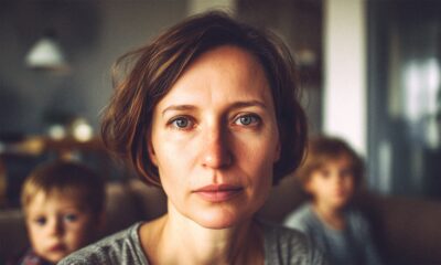 Zabrinuta žena u tridesetima sjedi u dnevnoj sobi i gleda u kameru, dok su u pozadini njezina djeca u defokusu. Atmosfera je intimna i emocionalno nabijena.
