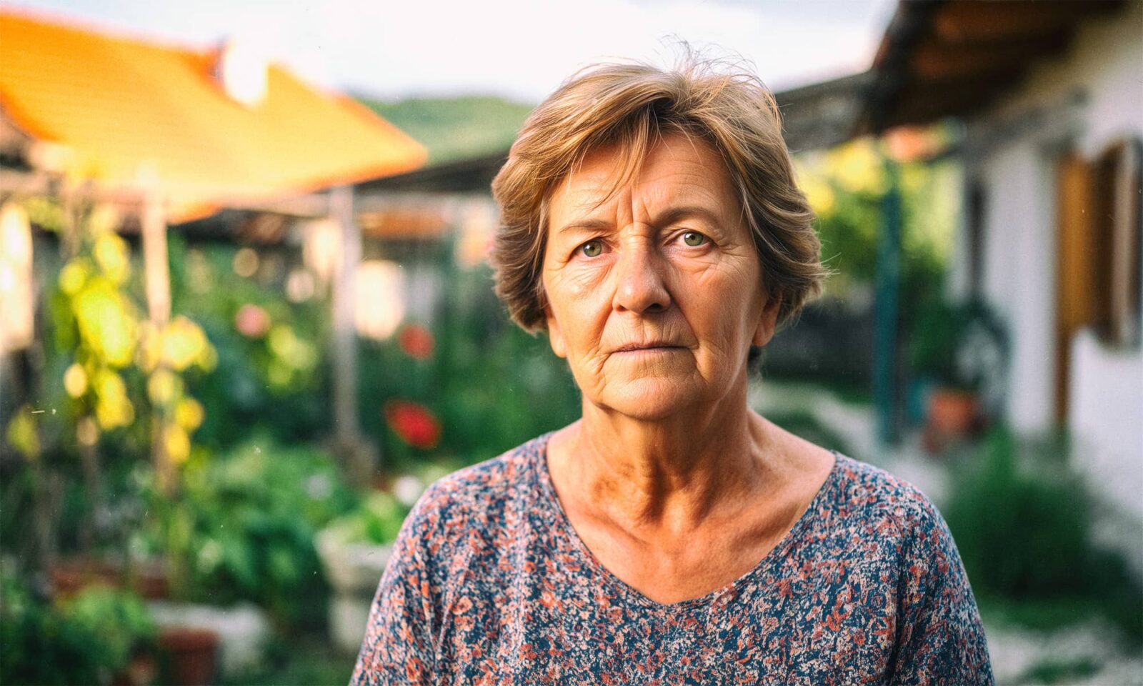 Starija žena stoji u dvorištu obiteljske kuće na selu. Iza nje se nazire vrt.