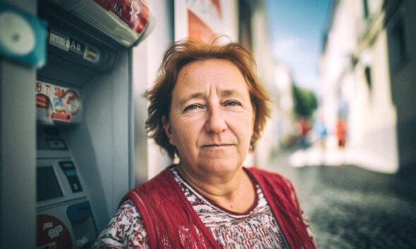 Sanja Mašić ispred bankomata u gradskoj ulici – ilustracija teme o mirovinama, financijama i životu umirovljenika u Hrvatskoj.