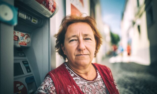 Sanja Mašić ispred bankomata u gradskoj ulici – ilustracija teme o mirovinama, financijama i životu umirovljenika u Hrvatskoj.