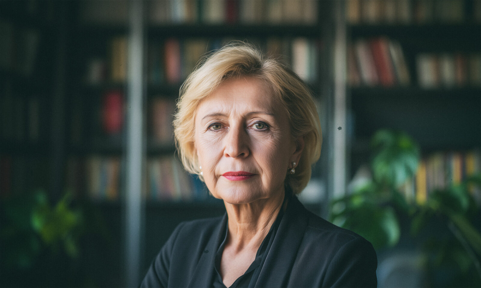 Starija žena u tamnom sakou stoji ispred police s knjigama.