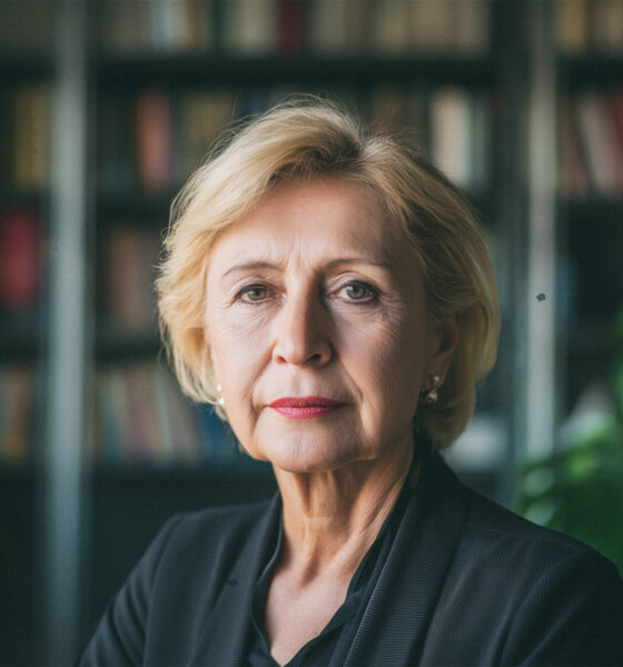 Starija žena u tamnom sakou stoji ispred police s knjigama.