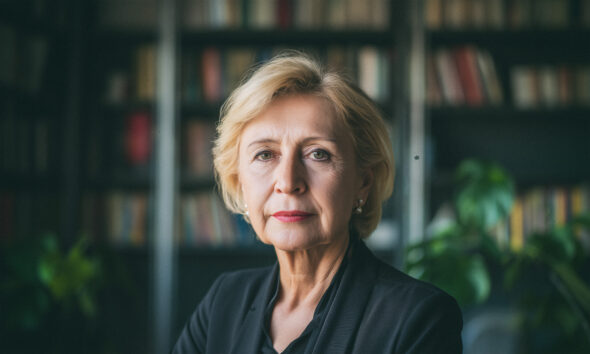 Starija žena u tamnom sakou stoji ispred police s knjigama.