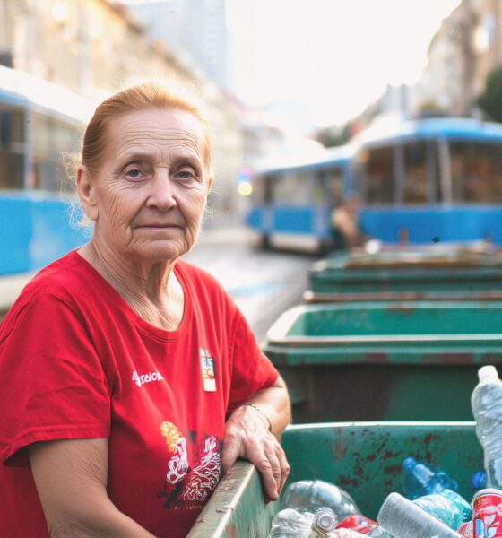 Starija žena u crvenoj majici stoji pokraj kontejnera s plastičnim bocama, u pozadini plavi tramvaj u Zagrebu.
