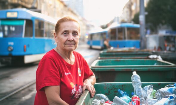 Starija žena u crvenoj majici stoji pokraj kontejnera s plastičnim bocama, u pozadini plavi tramvaj u Zagrebu.