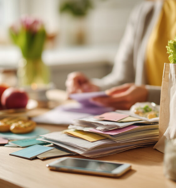 Računi, bilješke i pametni telefon na kuhinjskom stolu uz vrećicu sa svježim povrćem.
