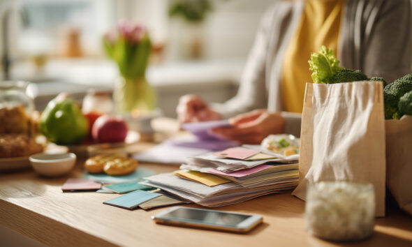 Računi, bilješke i pametni telefon na kuhinjskom stolu uz vrećicu sa svježim povrćem.