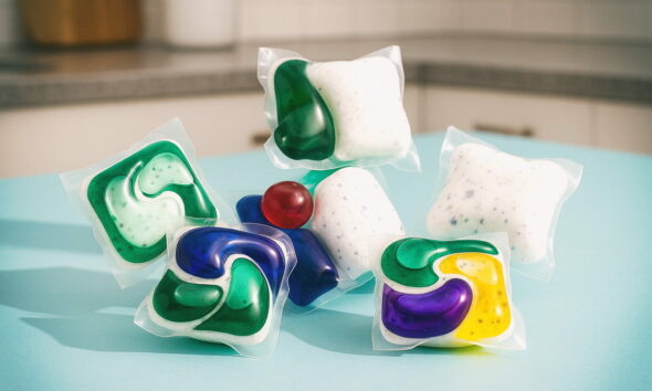 Raznobojne kapsule i tablete za perilicu posuđa na plavoj podlozi u kuhinji.