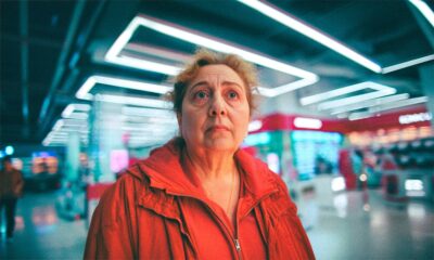 Zbunjena starija žena u trgovini tehnikom pod jakim neonskim svjetlima.
