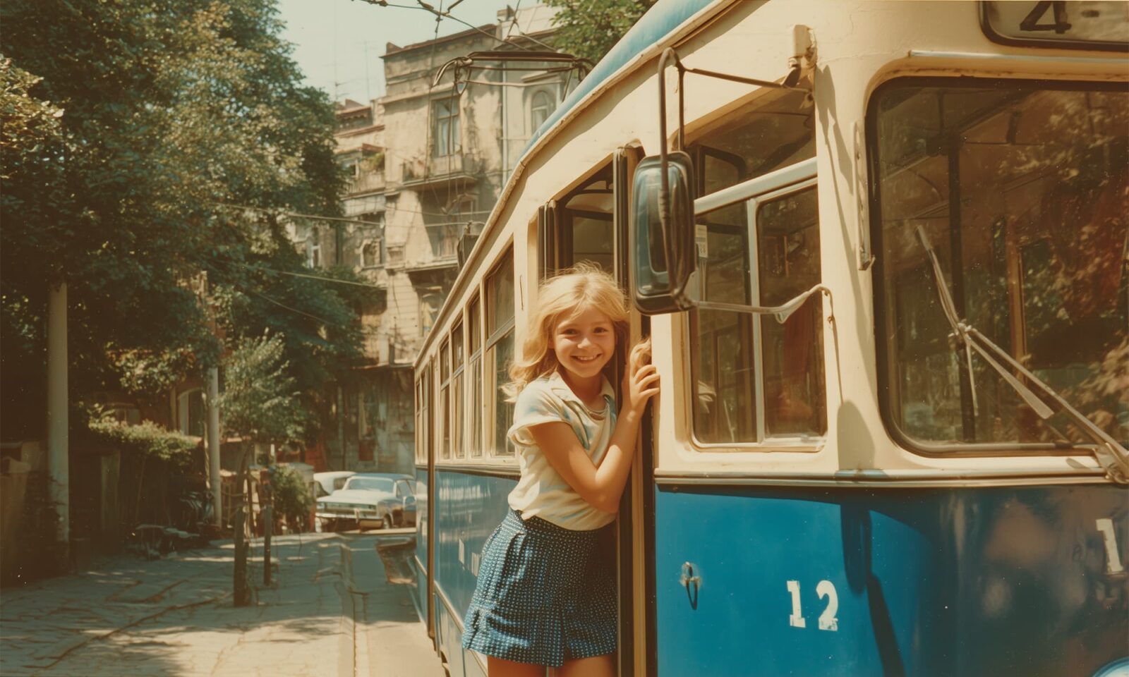 Djevojčica se vozi zagrebačkim tramvajem broj 12 kroz staru gradsku četvrt – retro scena iz 1970-ih u Zagrebu.