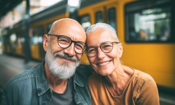 Našmiješeni stariji par s naočalama pozira ispred žutog tramvaja na stanici.