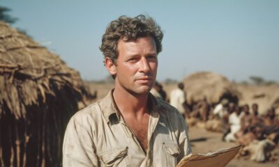 Filmski umjetnički direktor 1980-ih na setu u Africi, u pustinji ispred koliba, s bilježnicom u ruci i ozbiljnim izrazom lica.