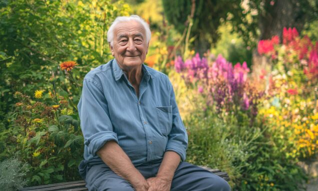 Stariji muškarac sjedi u cvjetnom vrtu, nasmiješen i opušten, okružen šarenim ljetnim cvijećem i zelenilom.