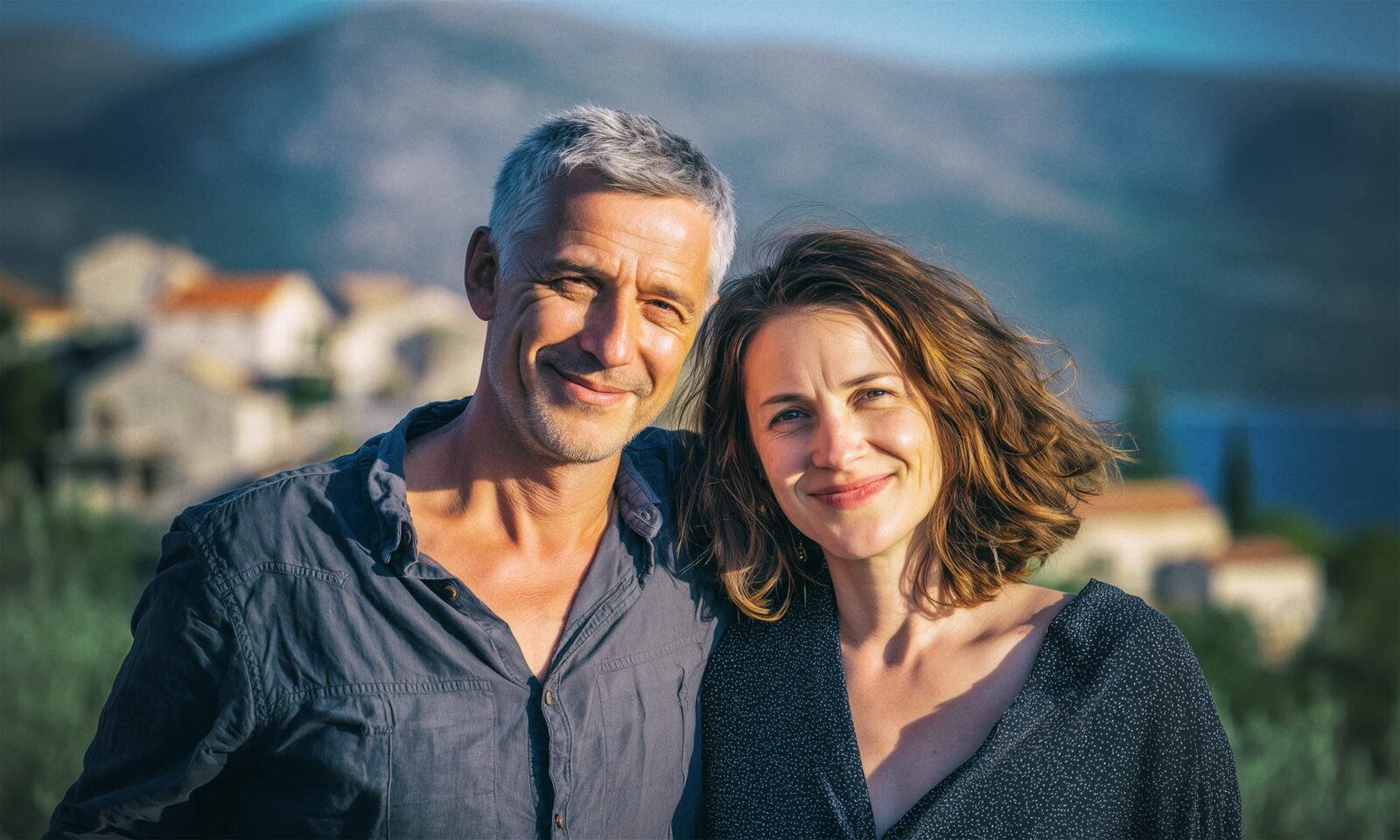 Našmiješeni par srednjih godina pozira na suncu u mediteranskom krajoliku, s kamenom arhitekturom i planinama u pozadini.