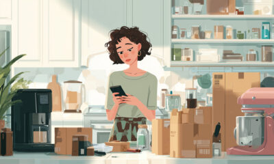 Ilustracija žene u kuhinji okružene paketima i kućanskim aparatima dok zamišljeno gleda u mobitel, simbolizira impulzivnu online kupovinu.