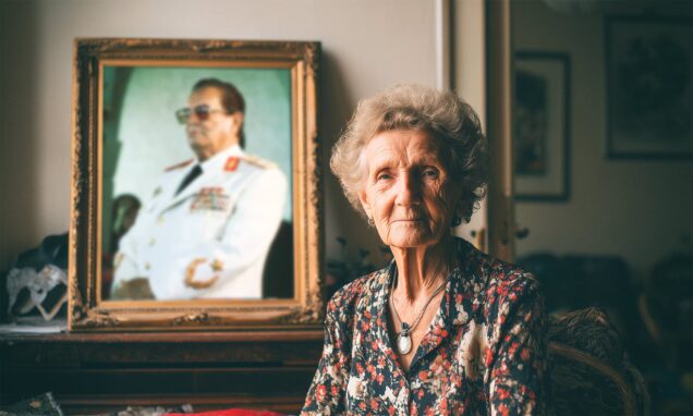 Starija žena sijede kose sjedi u dnevnom boravku uz veliki portret Josipa Broza Tita u bijeloj maršalskoj uniformi, nostalgična atmosfera.