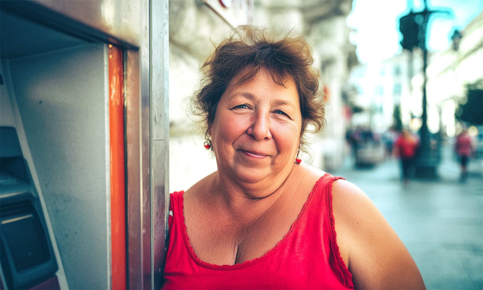 Starija žena u crvenoj bluzi sjedi za laptopom u vrtu, okružena cvijećem, i gleda u kameru s blagim osmijehom – ilustracija rada u mirovini na otvorenom.
