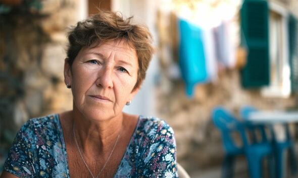 Zabrinuta starija žena sjedi na terasi ispred kamene kuće, s plastičnim stolicama i šarenim rubljem u pozadini.