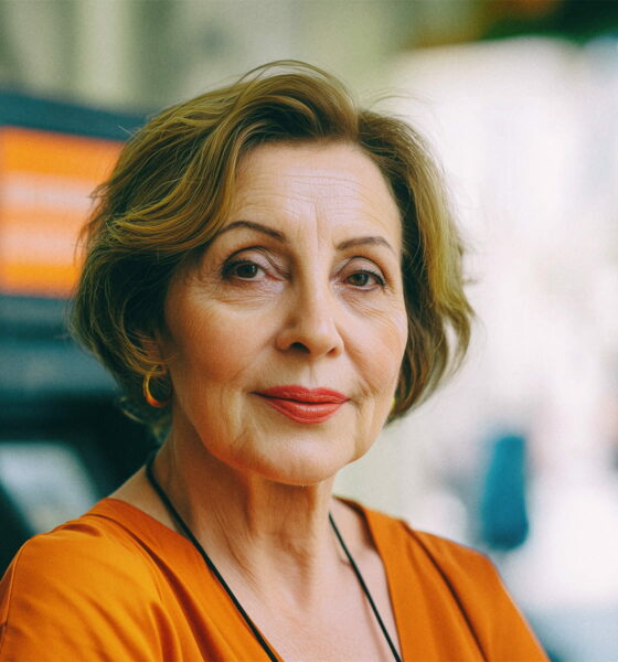 Starija žena s kratkom smeđom kosom i crvenim ružem, u narančastoj bluzi, pozira nasmiješeno ispred bankomata na gradskoj ulici.