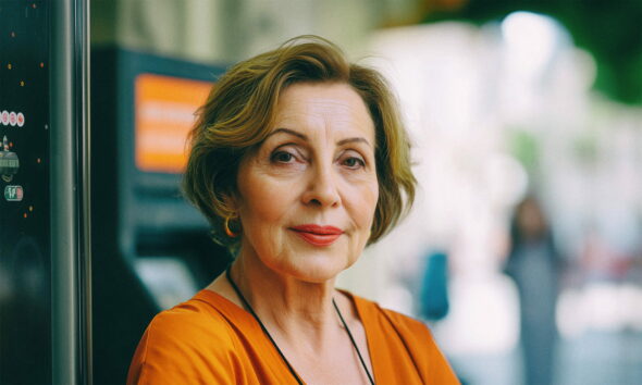 Starija žena s kratkom smeđom kosom i crvenim ružem, u narančastoj bluzi, pozira nasmiješeno ispred bankomata na gradskoj ulici.