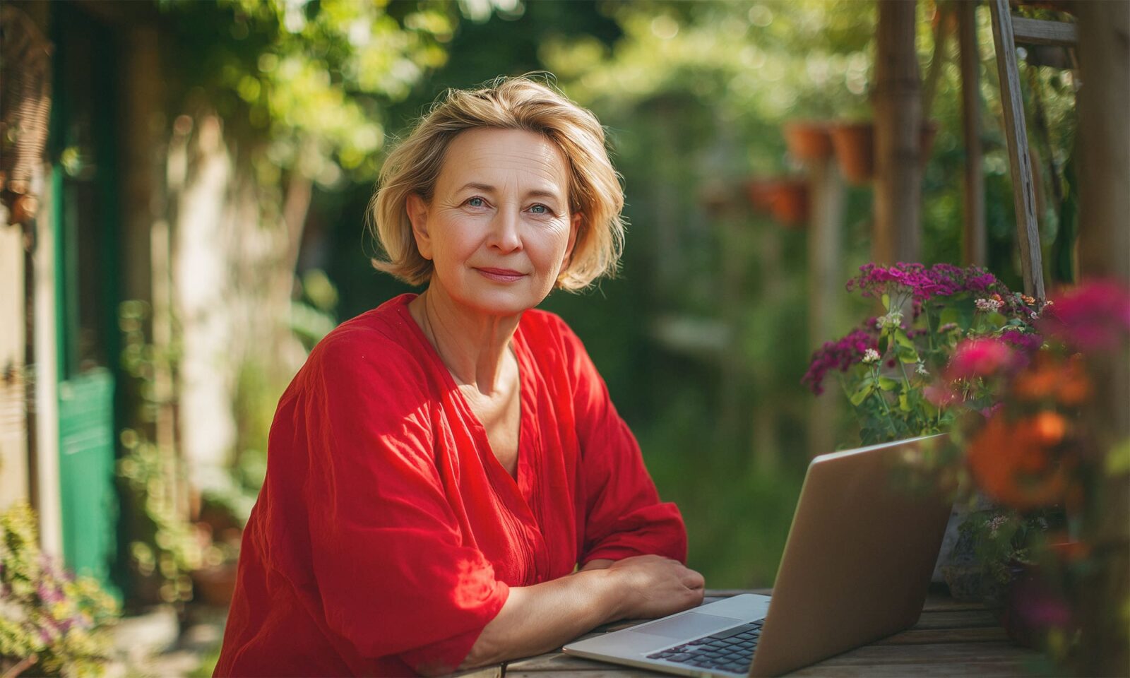 Starija žena u crvenoj bluzi sjedi za laptopom u vrtu, okružena cvijećem, i gleda u kameru s blagim osmijehom – ilustracija rada u mirovini na otvorenom.