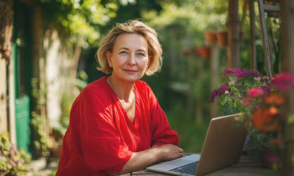 Starija žena u crvenoj bluzi sjedi za laptopom u vrtu, okružena cvijećem, i gleda u kameru s blagim osmijehom – ilustracija rada u mirovini na otvorenom.