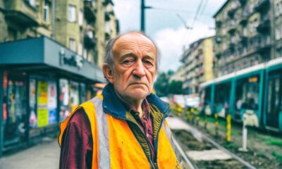 Stariji građevinski radnik u reflektirajućem prsluku stoji uz tramvajsku prugu u gradskoj ulici tijekom radova na infrastrukturi.