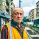 Stariji građevinski radnik u reflektirajućem prsluku stoji uz tramvajsku prugu u gradskoj ulici tijekom radova na infrastrukturi.