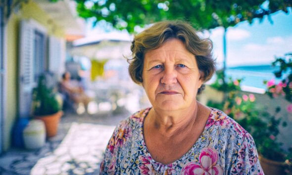 **SEO alt opis:** Starija žena ozbiljnog izraza lica stoji na terasi okruženoj cvijećem, s pogledom prema moru i ljetnoj mediteranskoj pozadini.