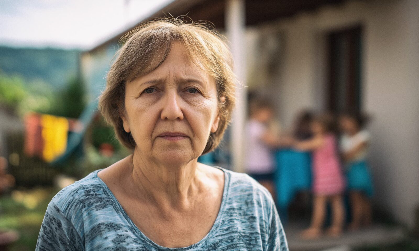 Zamišljena starija žena stoji ispred kuće, a u pozadini se igraju djeca.