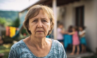 Zamišljena starija žena stoji ispred kuće, a u pozadini se igraju djeca.