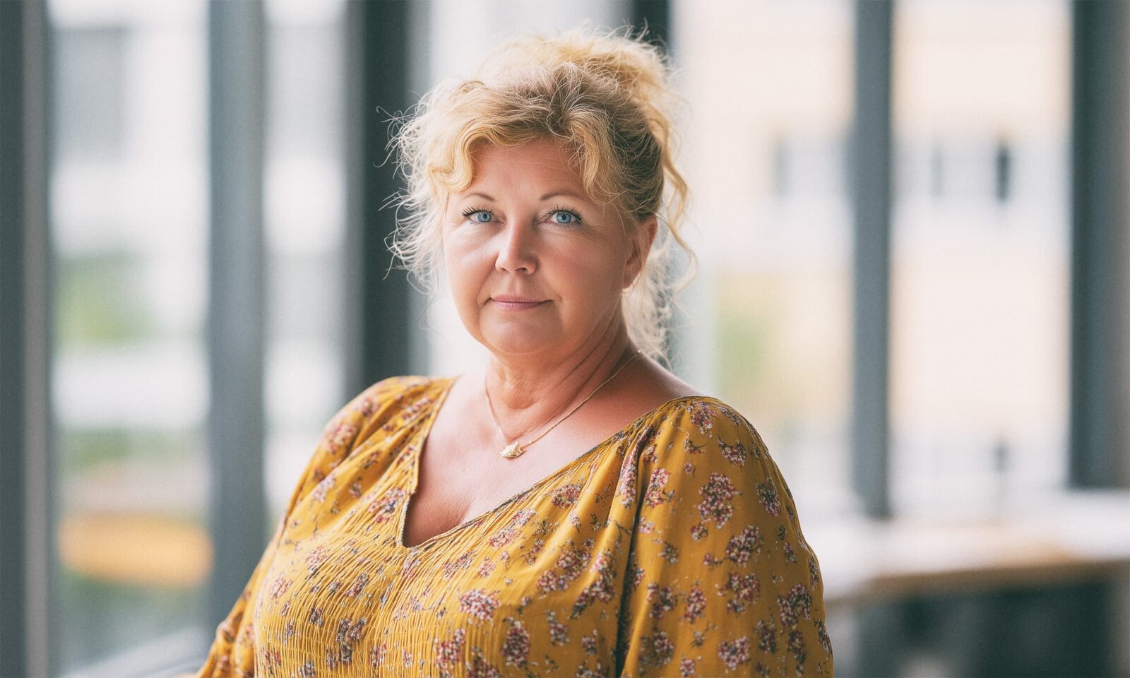 Žena pune figure stoji u čekaonici Hrvatskog zavoda za mirovinsko osiguranje i gleda u kameru. Na sebi ima žutu bluzu.