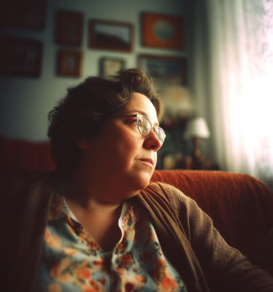 Žena srednjih godina s naočalama zamišljeno gleda kroz prozor u svom dnevnom boravku, dok dnevna svjetlost probija kroz zavjesu.