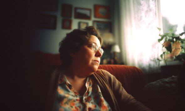 Žena srednjih godina s naočalama zamišljeno gleda kroz prozor u svom dnevnom boravku, dok dnevna svjetlost probija kroz zavjesu.