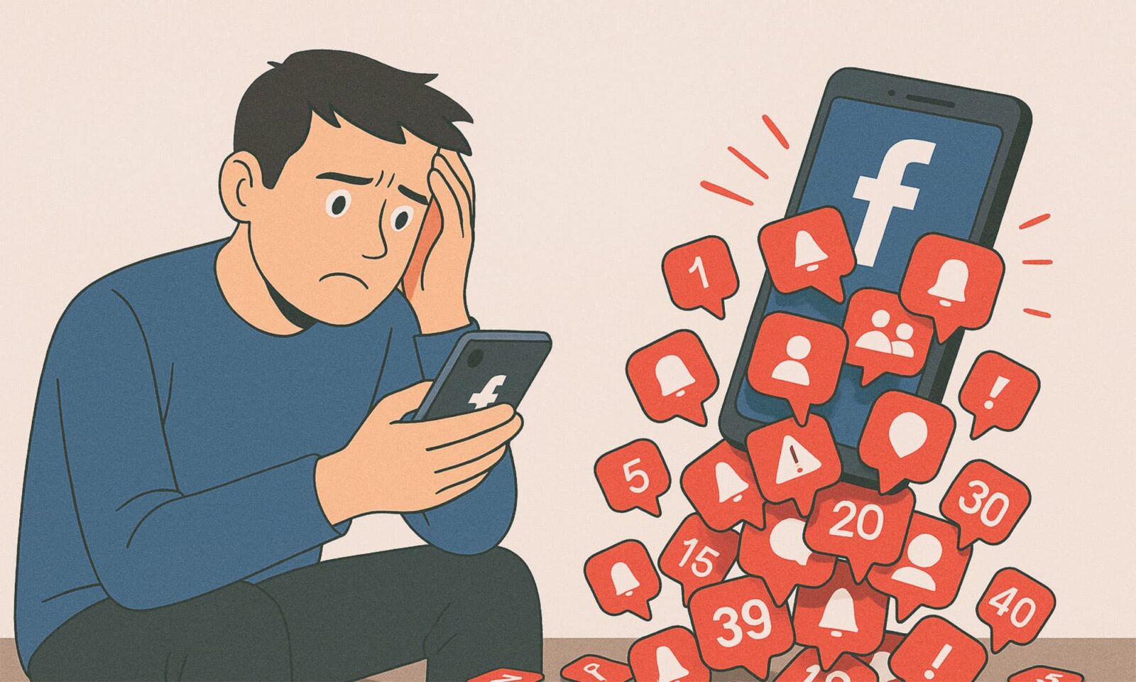 Muškarac zatrpan notifikacijama s Facebooka.