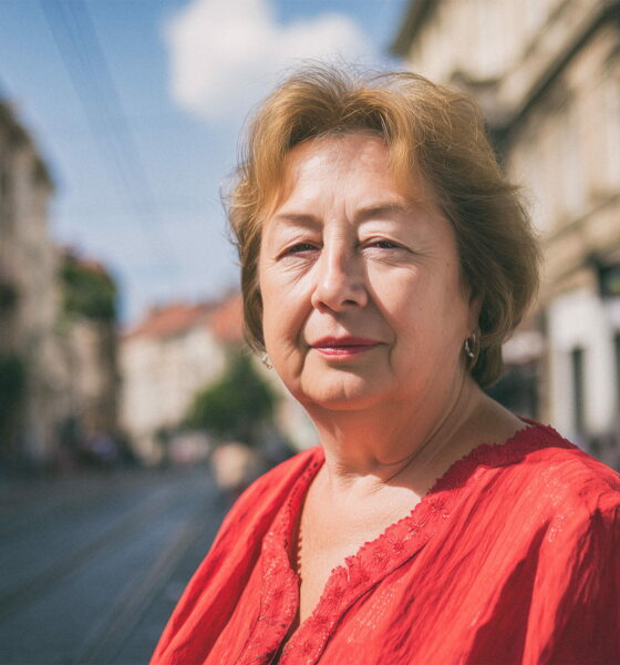 žena u crvenoj bluzi, umirovljenica, stoji kraj bankomata u Ilici u Zagrebu.