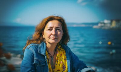 Žena u traper jakni i žutoj cvjetnoj bluzi sjedi uz more i gleda u kameru, sunčan obalni pejzaž u pozadini.