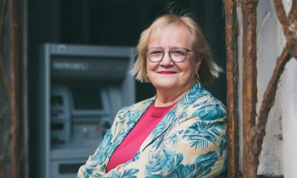 Starija žena s naočalama i crvenim ružem stoji ispred bankomata, odjevena u cvjetni sako.