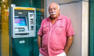 Stariji muškarac stoji pored bankomata, odjeven u ružičastu košulju.