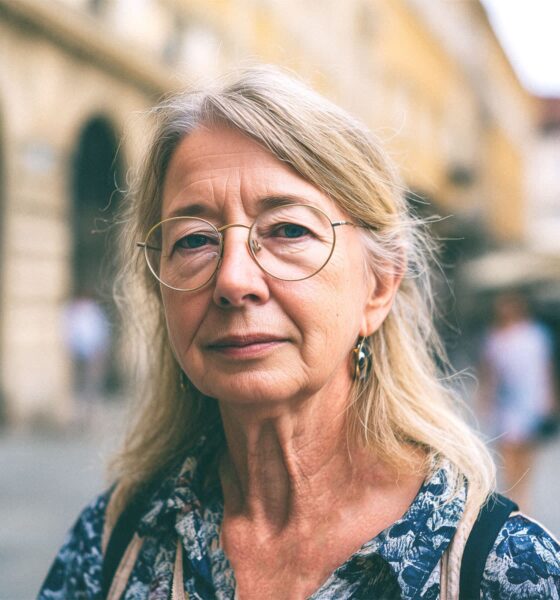 Žena s naočalama gleda u kameru.