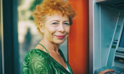 Starija žena u zelenoj haljini nasmiješeno stoji pokraj bankomata.