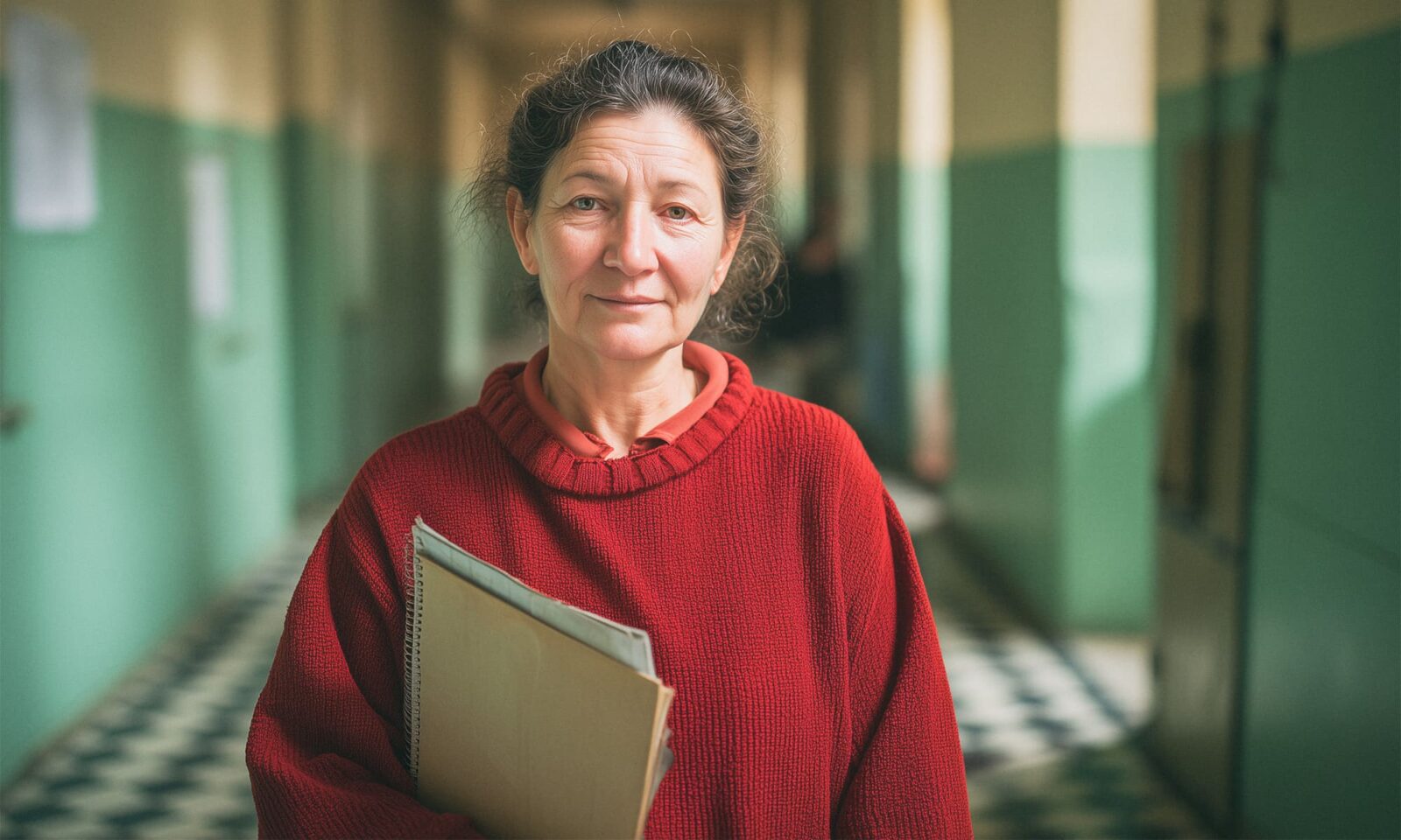 Žena, socijalna radnica, stoji na hodniku odgojne ustanove.